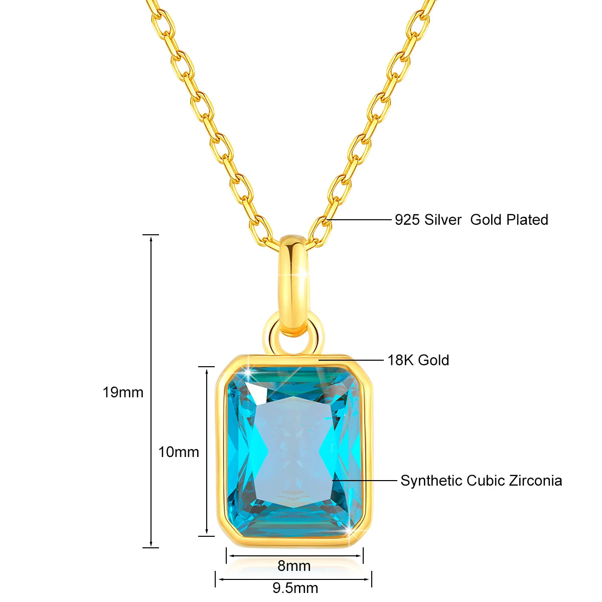 cubic zirconia pendant necklaces in  blue elegant 18K gold-plated frames with matching gold chains. 