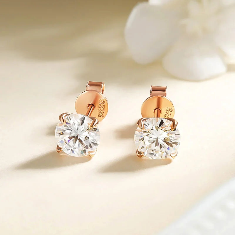 Rose Gold Moissanite Stud Earrings – Real 925 Sterling Silver Fine Jewelry