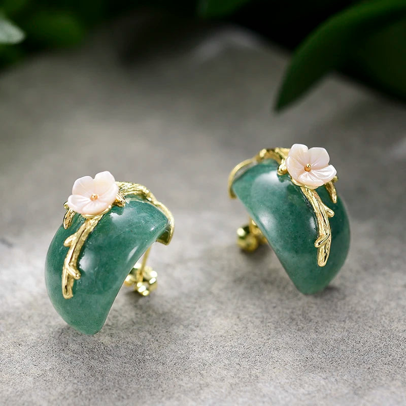 Handmade Green Aventurine Earrings –  with 18K Gold-Plated 925 Silver & Pink Plum Blossom