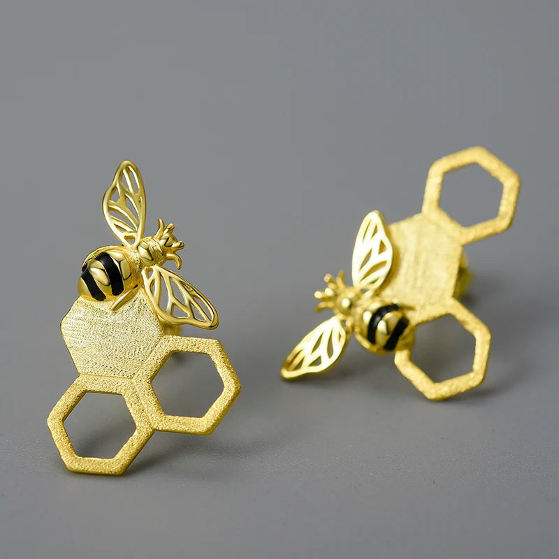Handmade 18K Gold-Plated Bee Stud Earrings – Real 925 Sterling Silver Honeycomb Design