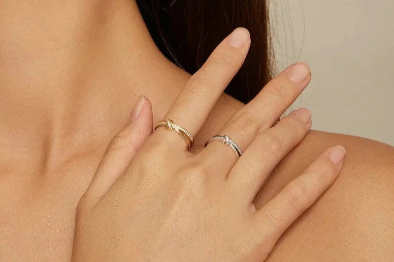 925 Sterling Silver Crossover Knot Ring – Elegant CZ Accent Fine Jewelry for Women