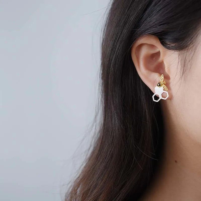 Handmade 18K Gold-Plated Bee Stud Earrings – Real 925 Sterling Silver Honeycomb Design