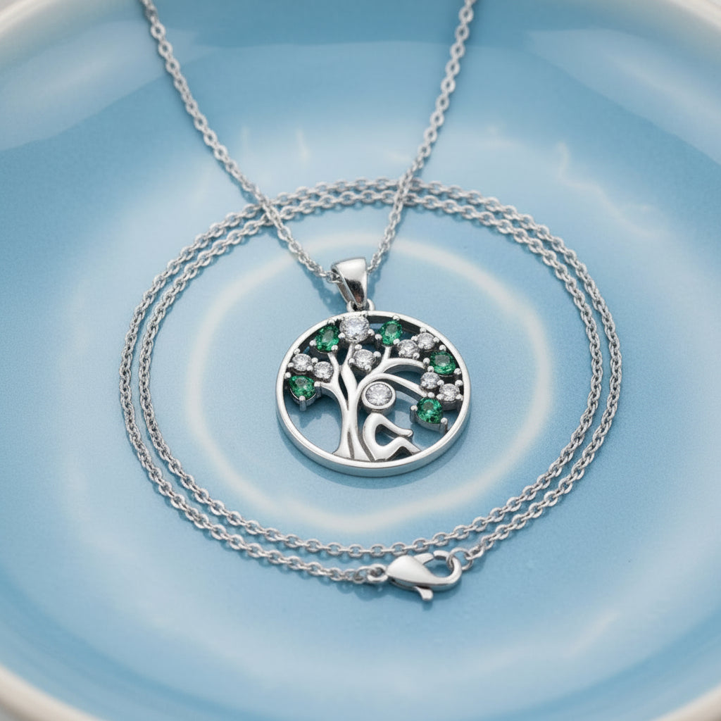 Tree of life pendant necklace with green CZ stones, available in 925 sterling silver and 14K gold plated, adjustable 16–18 inch cable chain