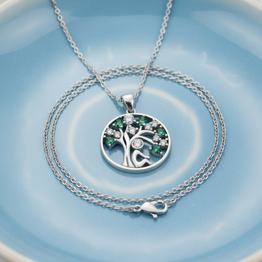 Tree of life pendant necklace with green CZ stones, available in 925 sterling silver and 14K gold plated, adjustable 16–18 inch cable chain