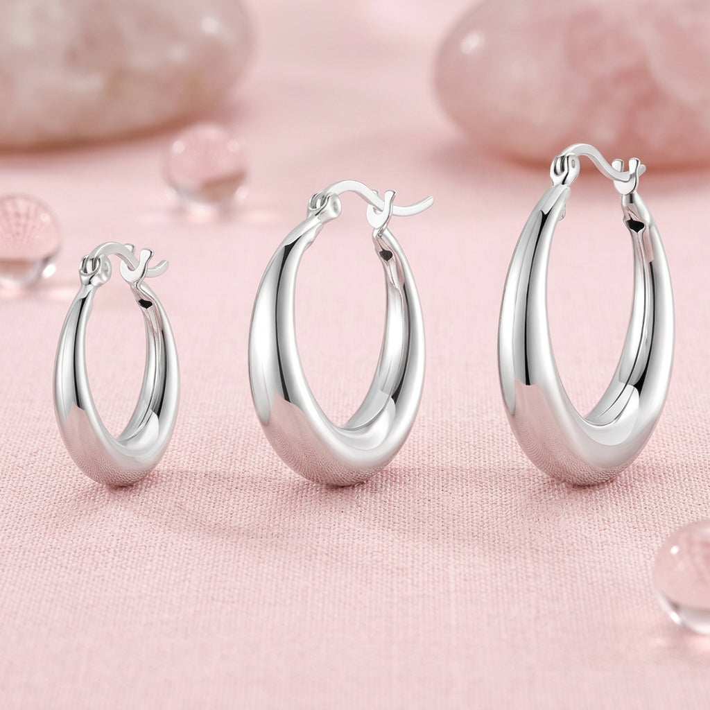 White gold plated chunky hoop earrings with 925 sterling silver posts, hypoallergenic women's jewelry with a polished elegant finish