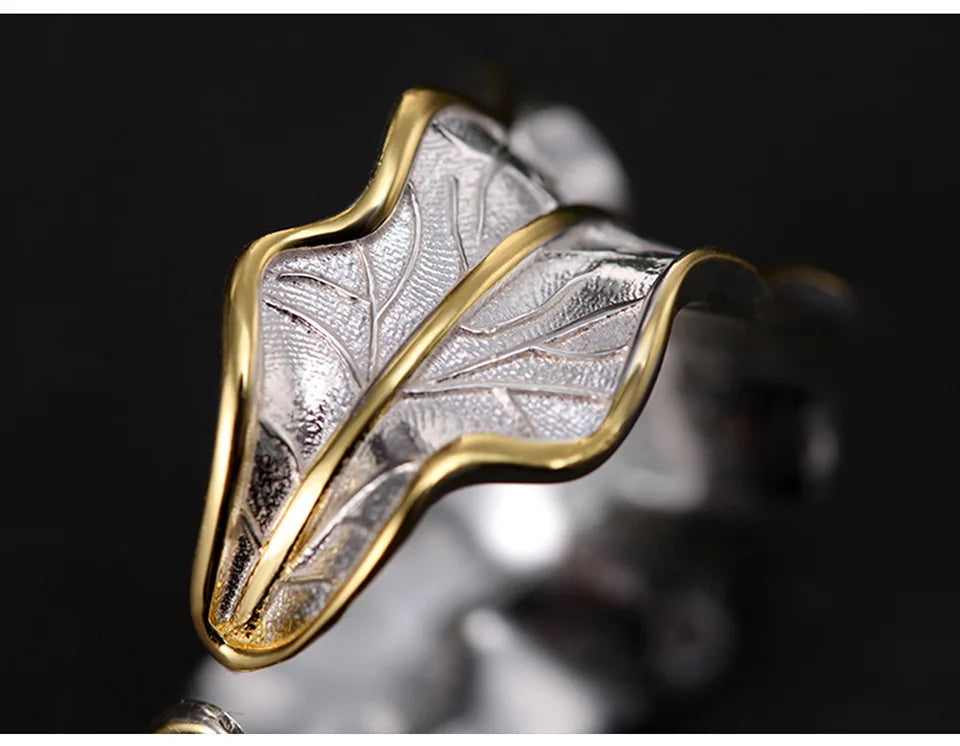 925 Sterling Silver Leaf‑Design Ring with Golden Gemstone – Two‑Tone Nature Inspired Jewelry