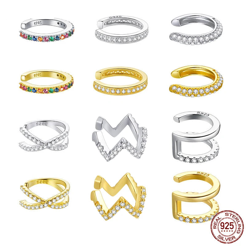925 sterling silver clip earrings with sparkling zircon stones in gold and silver finishes, elegant jewelry for women