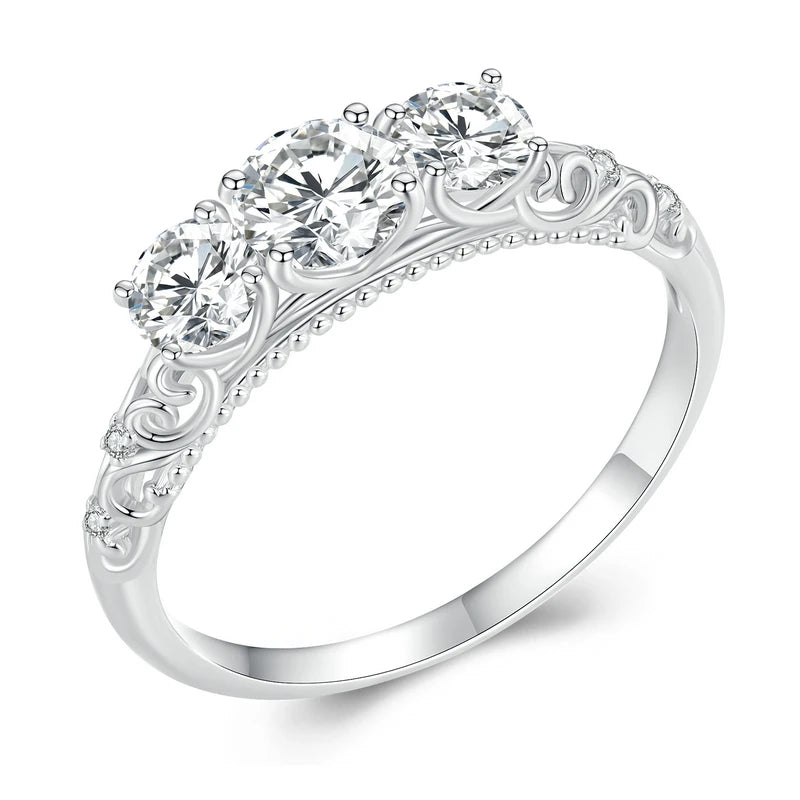 925 Sterling Silver Three‑Stone Lace Moissanite Ring