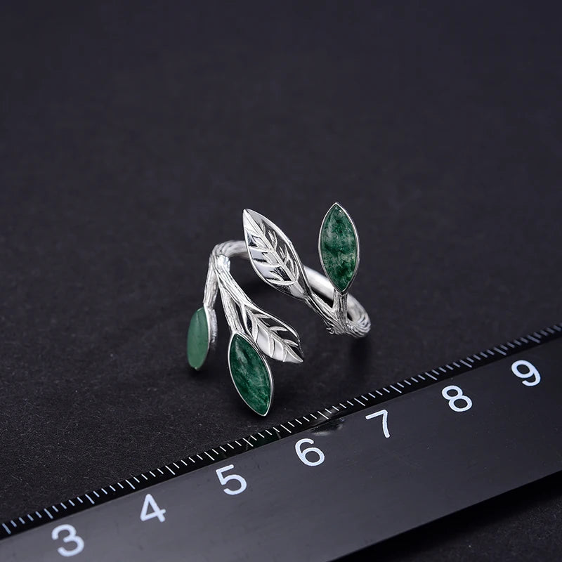 Jewelry Sterling Silver Leaf Ring with Natural Aventurine Gemstone