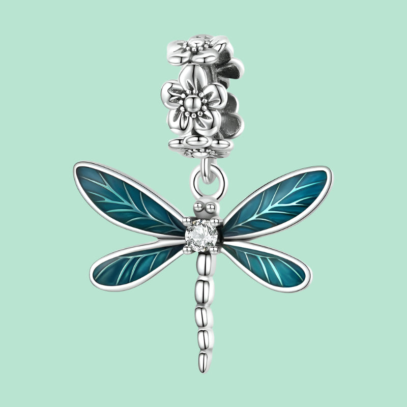 925 Sterling Silver Jewelry Blue Dragonfly Dangle Charm with Enamel Wings and Clear Stone Accent