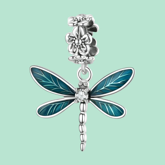 925 Sterling Silver Jewelry Blue Dragonfly Dangle Charm with Enamel Wings and Clear Stone Accent