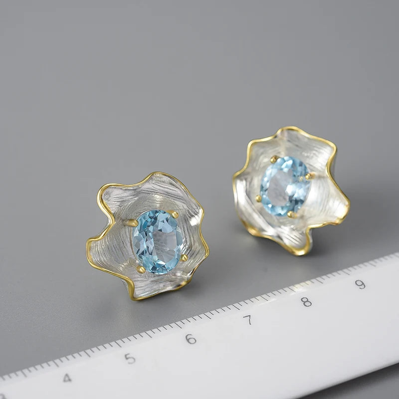 Handmade Blue Topaz Curled Floral Stud Earrings  – 18K Gold-Plated 925 Sterling Silver