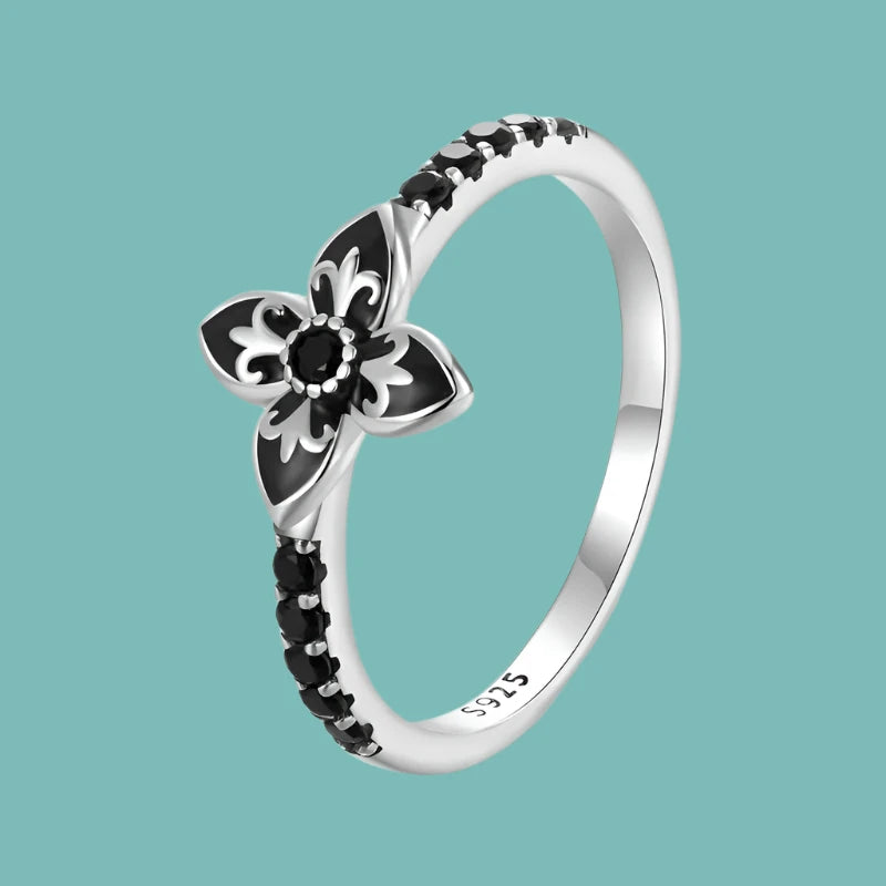 925 Sterling Silver Black Flower Jewelry Ring