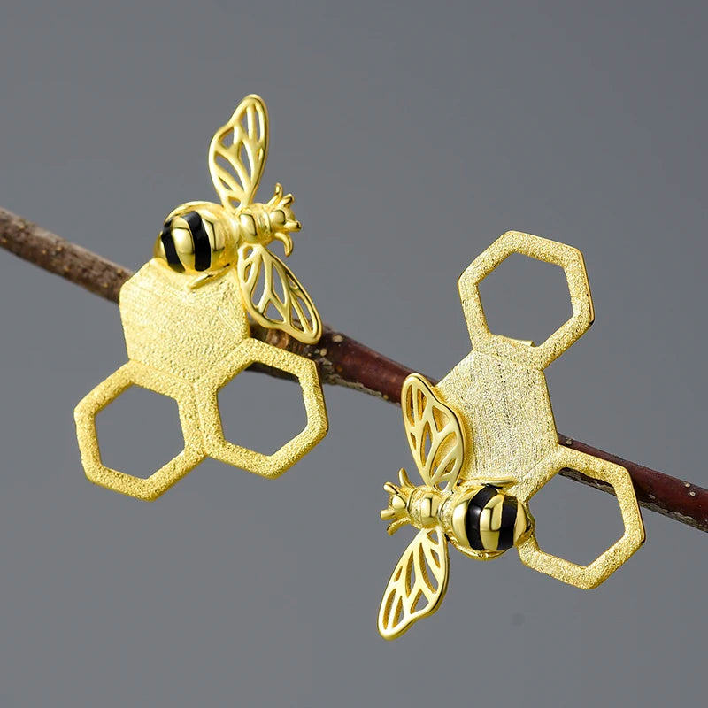 Handmade 18K Gold-Plated Bee Stud Earrings – Real 925 Sterling Silver Honeycomb Design