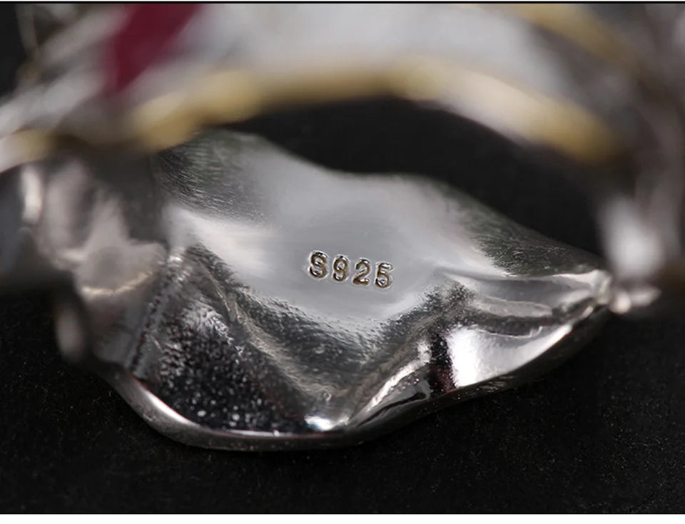 925 Sterling Silver Leaf‑Design Ring with Golden Gemstone – Two‑Tone Nature Inspired Jewelry