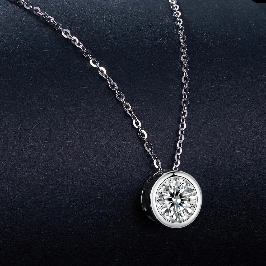 Round moissanite pendant necklace in premium 925 sterling silver, D color, 0.5–1–1.5ct with 400+50mm link chain