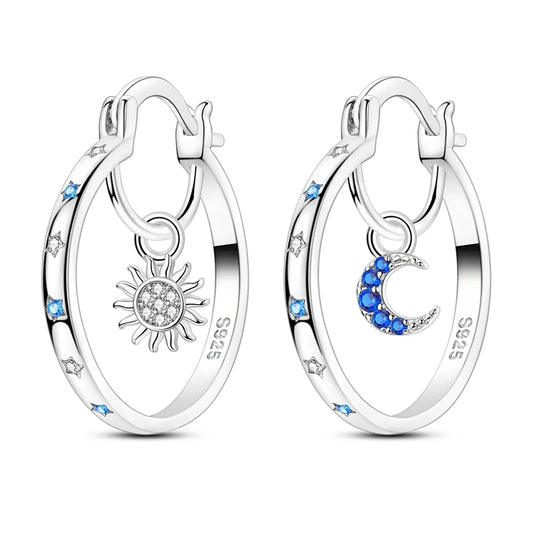 925 Sterling Silver Hoop Earrings with Blue Crystal Moon and Sun Charms by ZN