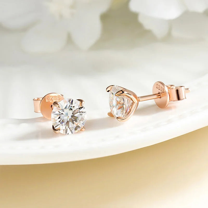 Rose Gold Moissanite Stud Earrings – Real 925 Sterling Silver Fine Jewelry