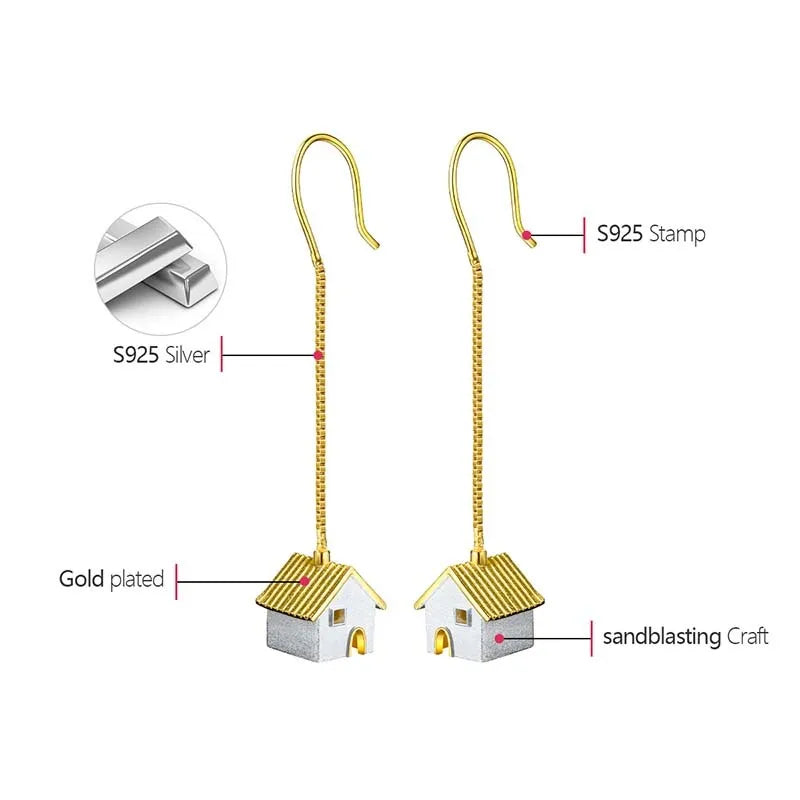Handmade House Pendant Earrings – Real 925 Sterling Silver with Gold Plating