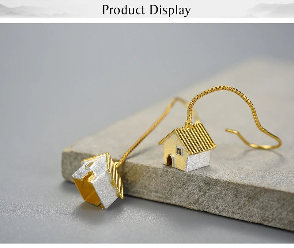 Handmade House Pendant Earrings – Real 925 Sterling Silver with Gold Plating