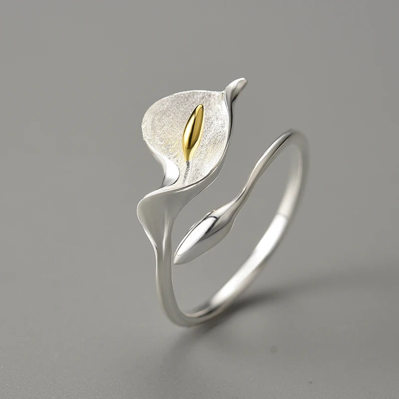 New Calla Lily Flower Adjustable Ring Real 925 Sterling Silver – Fine Floral Jewelry
