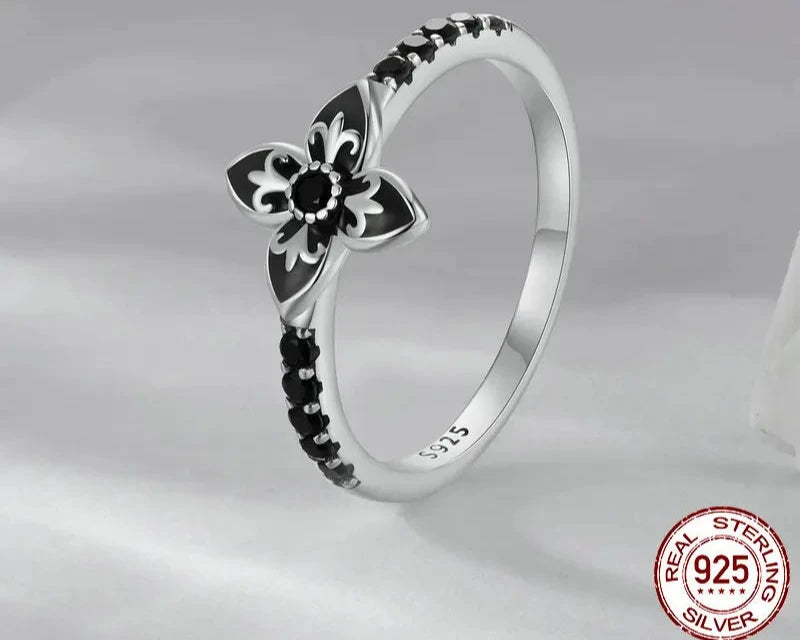 925 Sterling Silver Black Flower Jewelry Ring