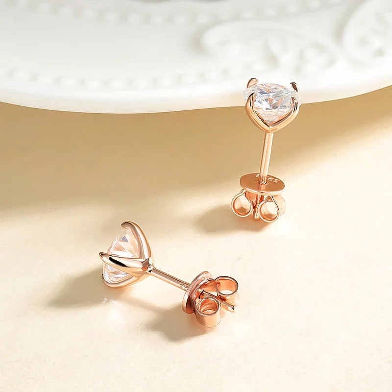 Rose Gold Moissanite Stud Earrings – Real 925 Sterling Silver Fine Jewelry