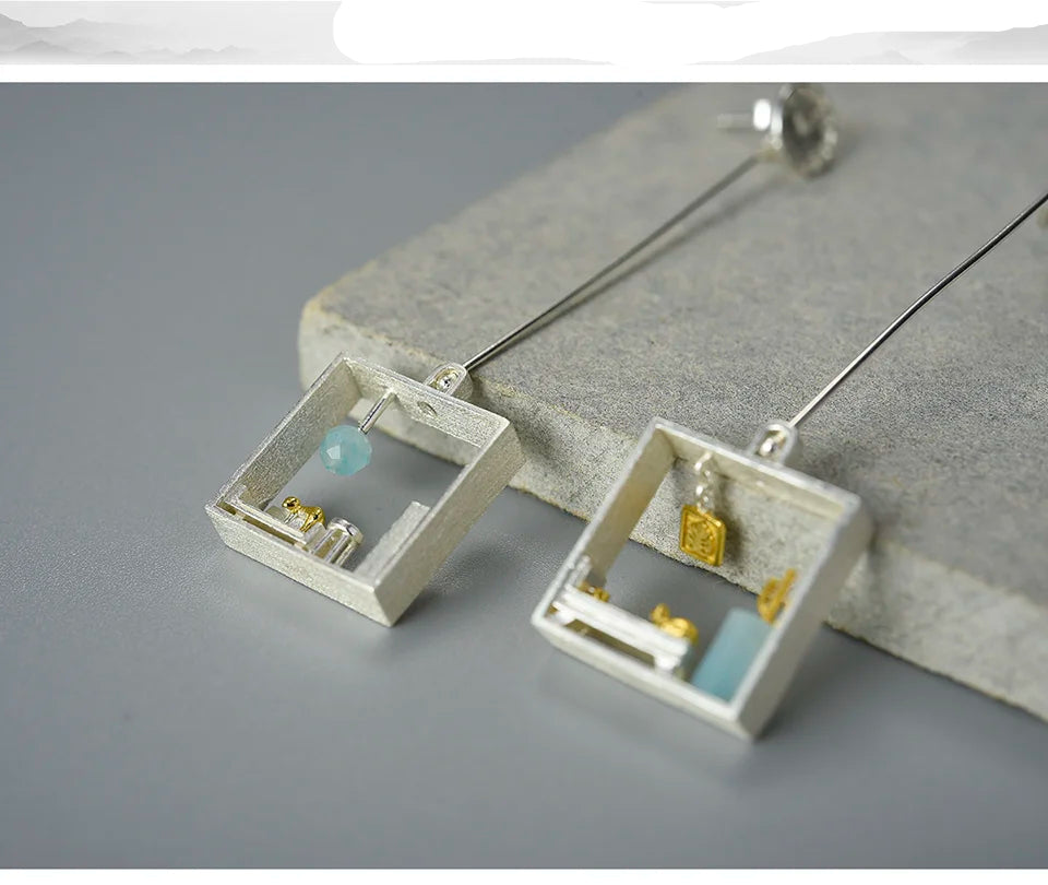 925 Sterling Silver Handmade jewelry, Room Scene Earrings with Blue Amazonite & Cat Design