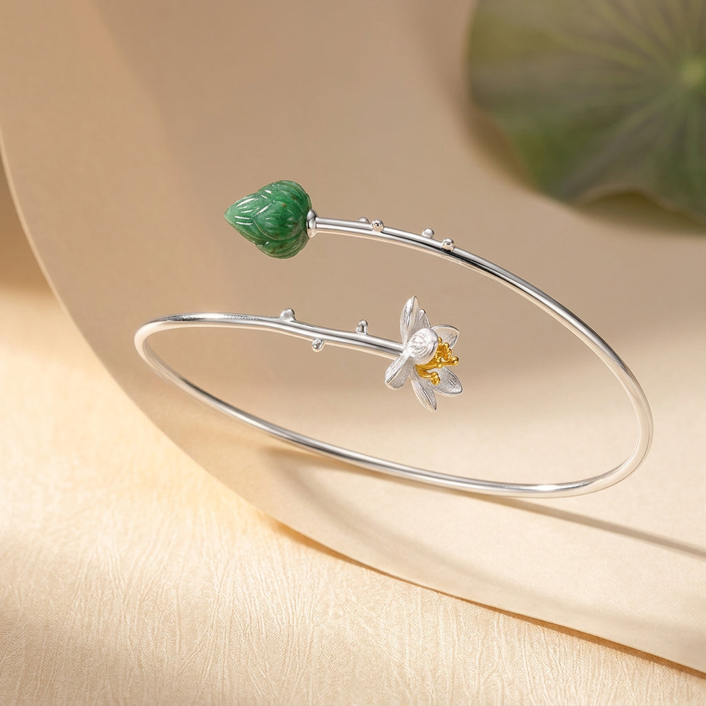 925 sterling silver handmade flower cuff bracelet featuring a natural green aventurine gemstone, elegant botanical jewelry for women.