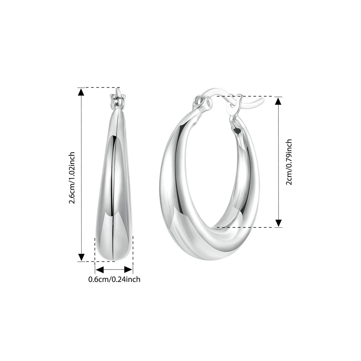 White gold plated chunky hoop earrings with 925 sterling silver posts, hypoallergenic women's jewelry with a polished elegant finish
