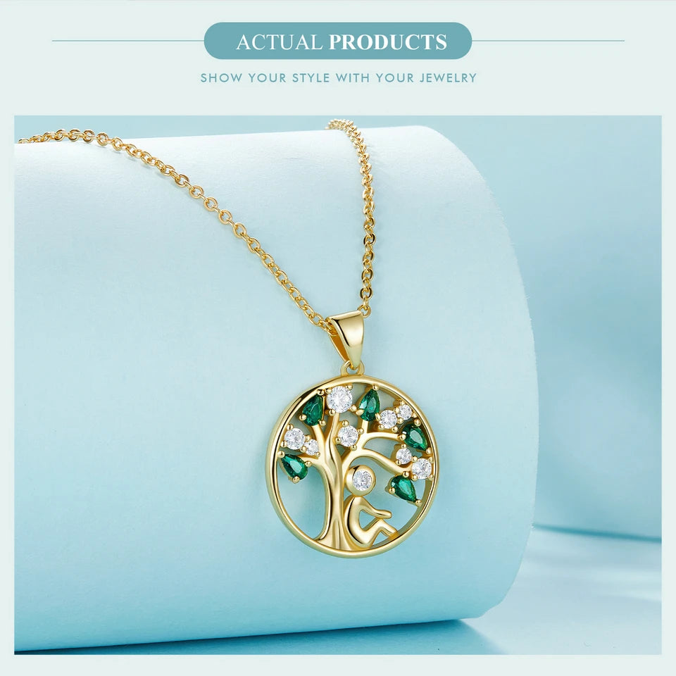 Rooted Radiance – Green CZ Tree of Life Jewelry Necklace – 925 Sterling Silver or 14K Gold Plated,