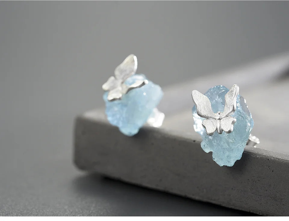 Butterfly Stud Earrings, 925 Sterling Silver Aquamarine Center Stone with Silver or Gold Butterfly Design