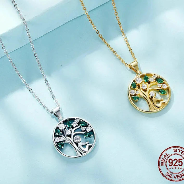 Rooted Radiance – Green CZ Tree of Life Jewelry Necklace – 925 Sterling Silver or 14K Gold Plated,