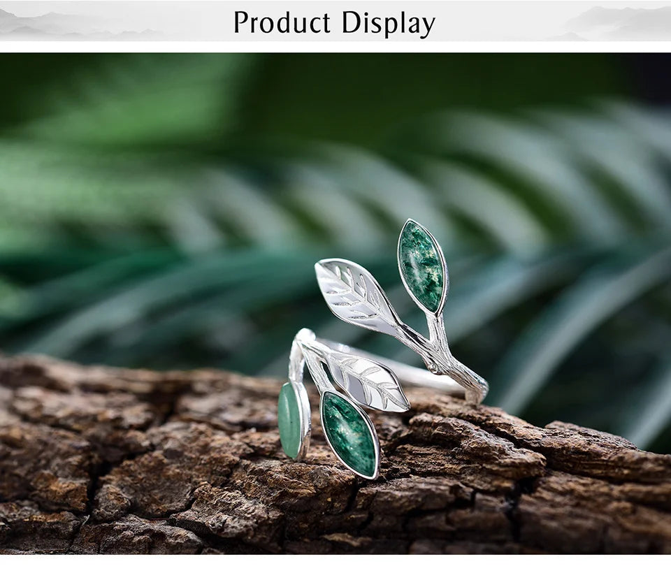 Jewelry Sterling Silver Leaf Ring with Natural Aventurine Gemstone