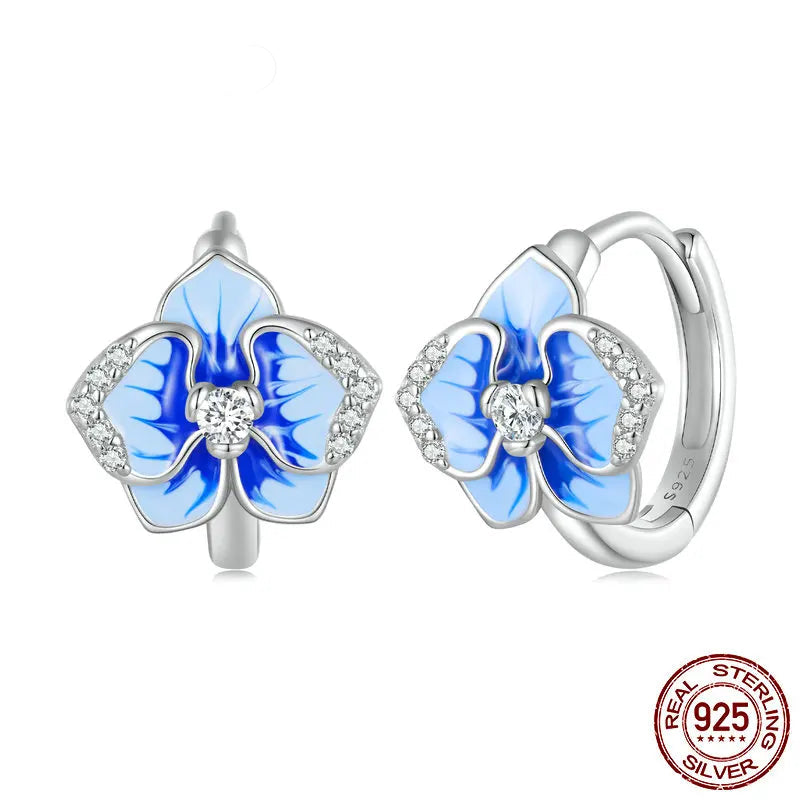 Blue  Butterfly Orchid  Sterling Silver 925 with ZC Floral Hoop Earrings