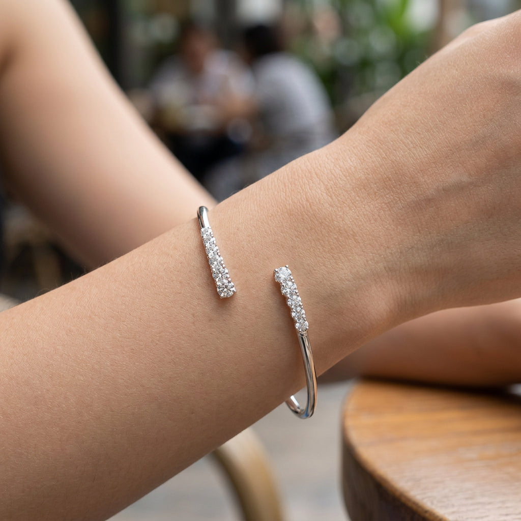 3.6CTTW Moissanite adjustable open bangle in 925 sterling silver featuring D color VVS1 clarity stones with excellent cut brilliance, fine jewelry bracelet.