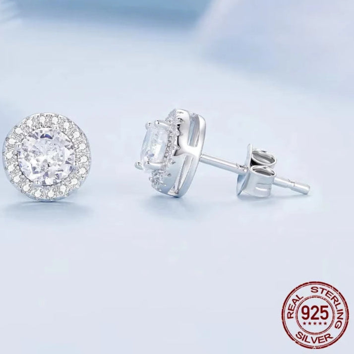 Halo Stud Earrings /925 Sterling Silver White Gold plated with Brilliant Cubic Zirconia