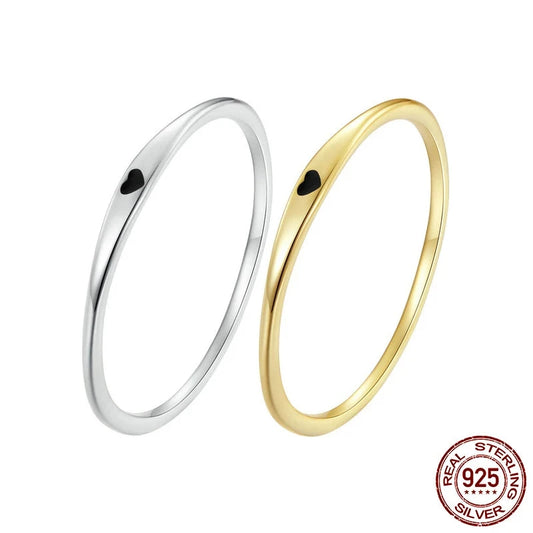 925 Sterling Silver Jewelry Stackable Ring with Small Black Heart Accent in Silver and Gold Finish

