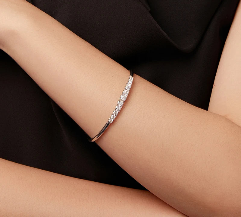 3.6CTTW Moissanite adjustable open bangle in 925 sterling silver featuring D color VVS1 clarity stones with excellent cut brilliance, fine jewelry bracelet.