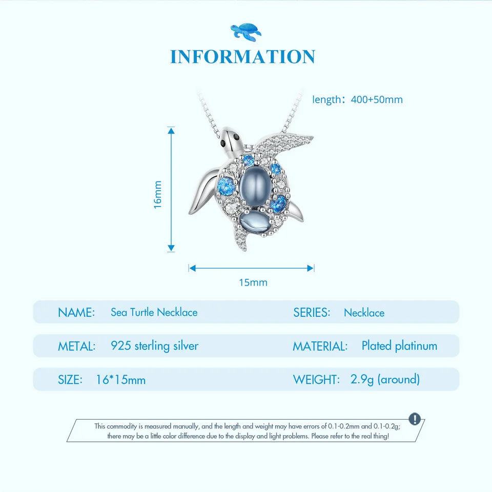 Blue Ocean Turtle jewelry Necklace – 925 Sterling Silver, Platinum Plated & ZC