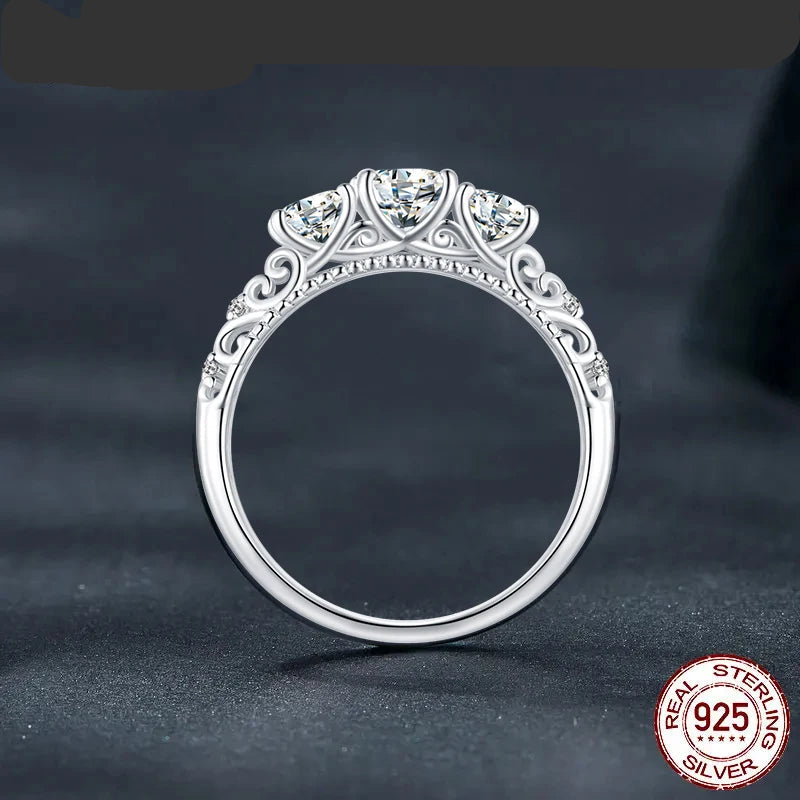 925 Sterling Silver Three‑Stone Lace Moissanite Ring
