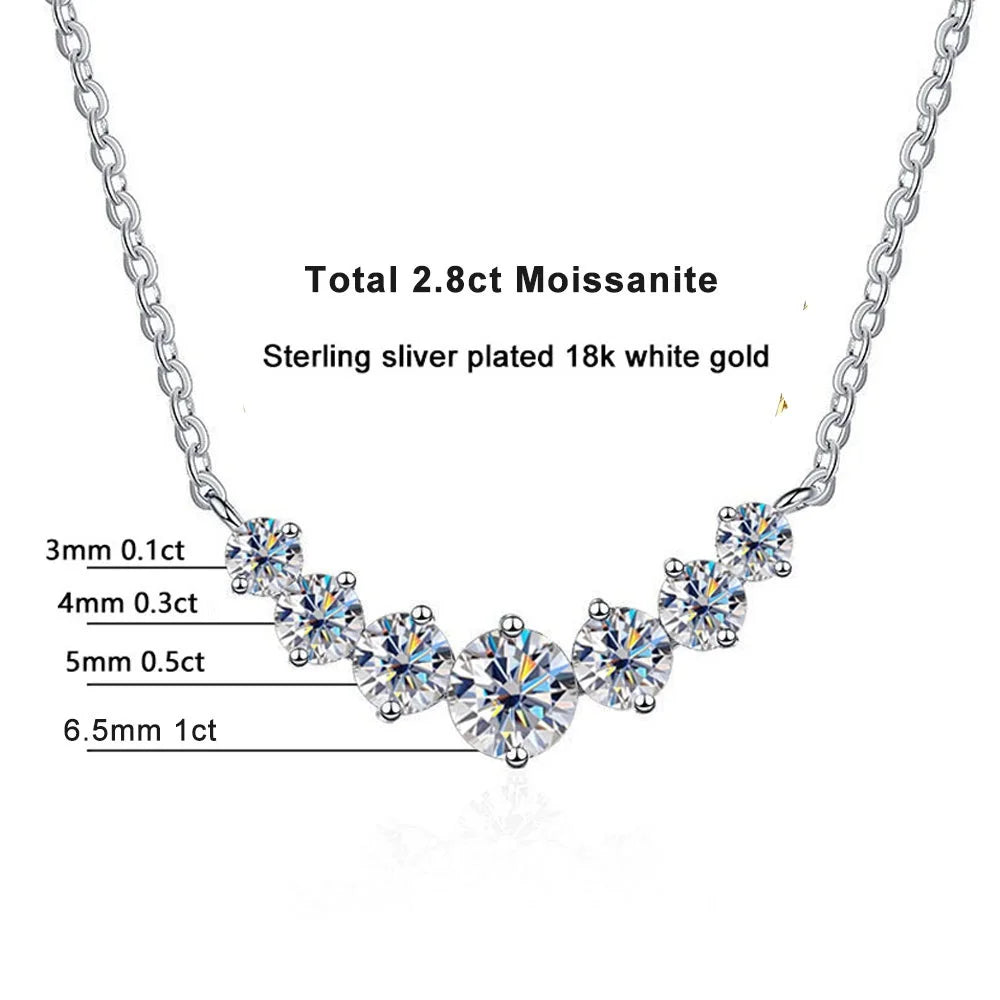 925 Sterling Silver Jewelry Necklace with Graduated Moissanite Stones and Curved Pendant Design
