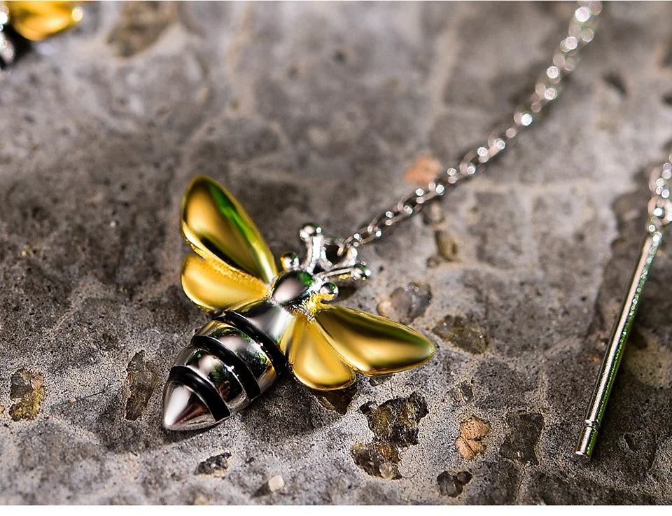 Handmade Gold-Plated Bee Drop Earrings – Real 925 Sterling Silver Nature-Inspired Jewelry