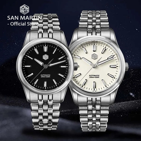 San Martin SN0144‑CG7 GADA dress watch with enamel dial, applied indices, slim 36mm or 39mm 316L stainless steel case, powered by Miyota 90S5 automatic movement.
