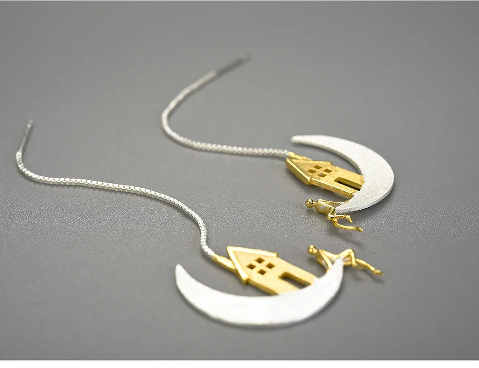 Handmade 18K Gold-Plated Moon &amp; House  Drop Earrings – Real 925 Sterling Silver Celestial Jewelry