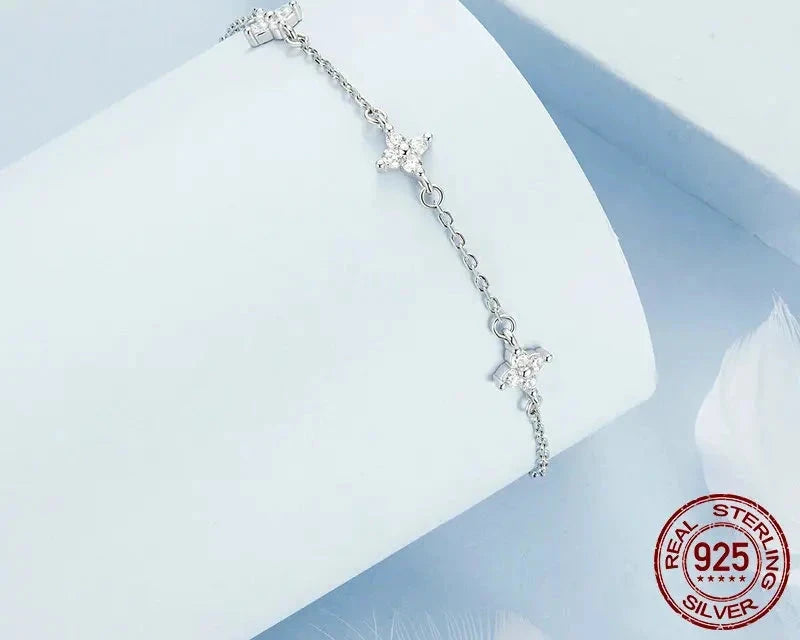 White Gold Plated Shiny Zircon Flower Bracelet  with Zircon Stones