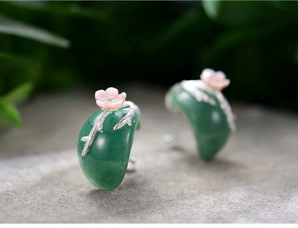 Handmade Green Aventurine Earrings –  with 18K Gold-Plated 925 Silver & Pink Plum Blossom