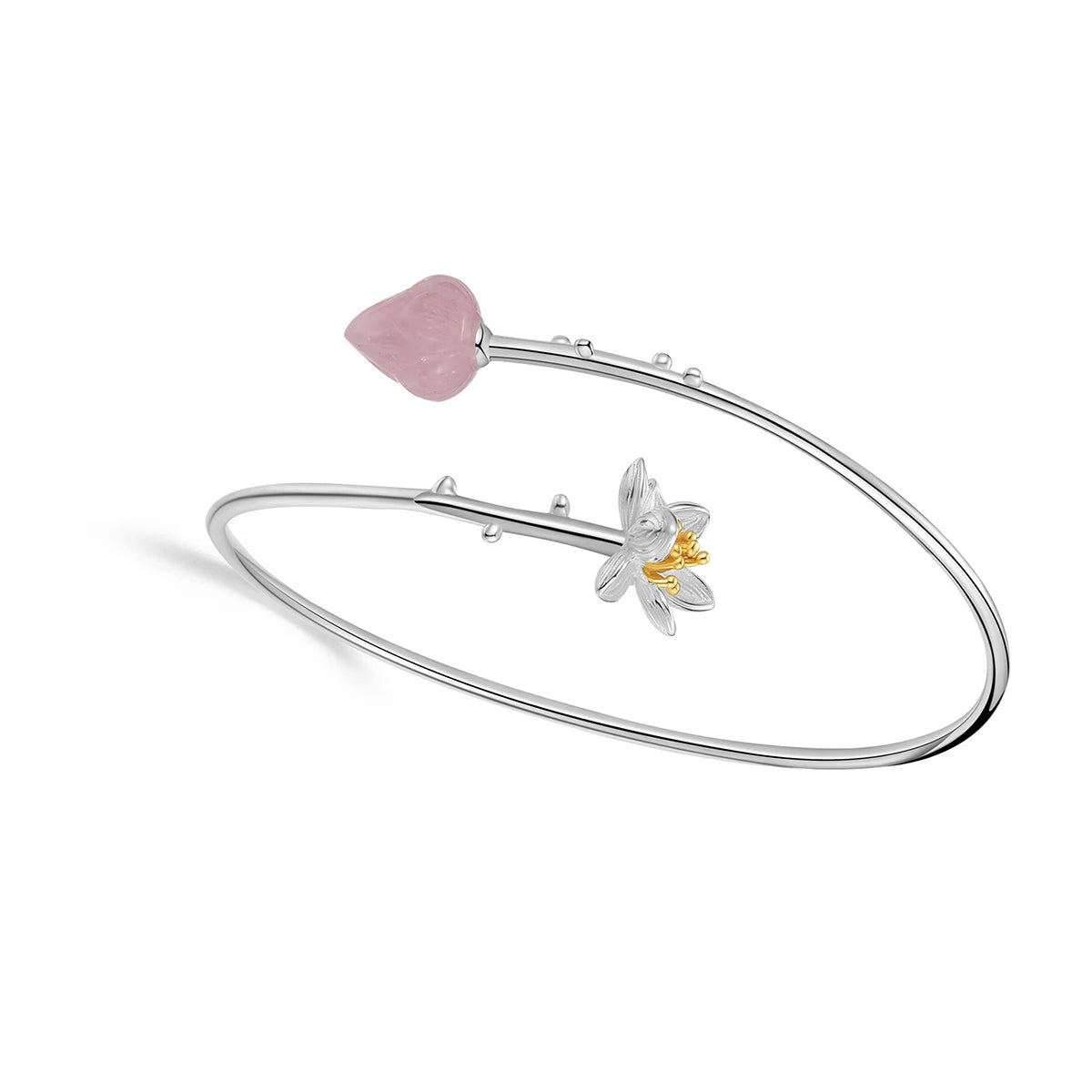925 Sterling Silver Natural Aventurine Handmade Flower Cuff Bracelet for Women | Elegant Jewelry