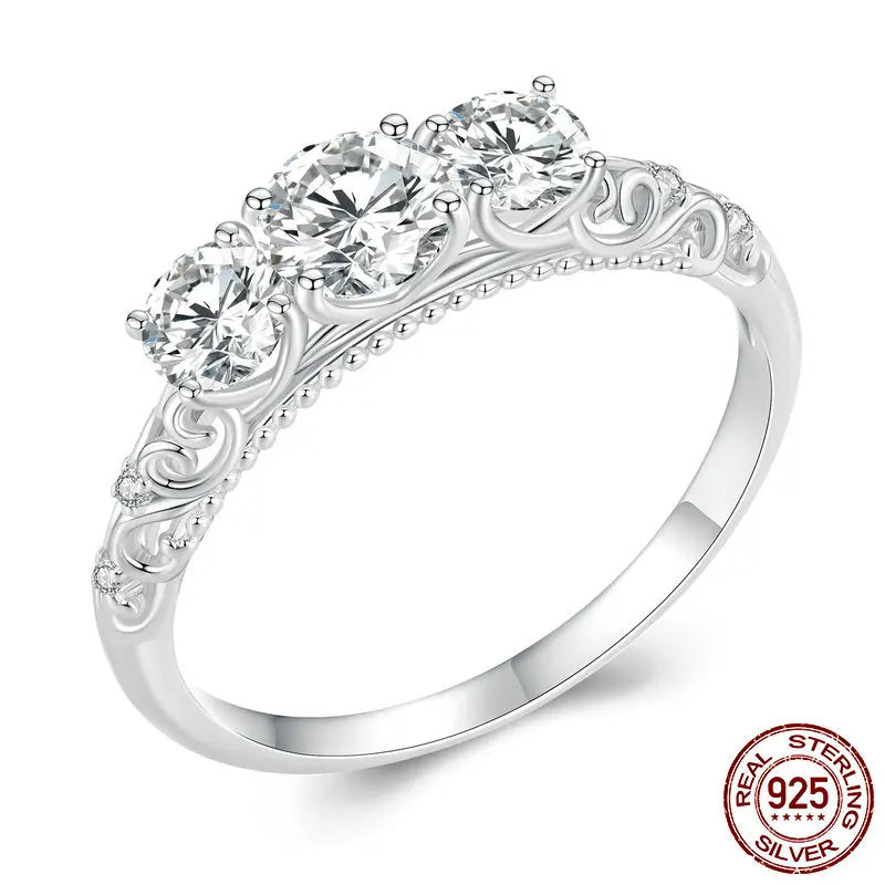 925 Sterling Silver Three‑Stone Lace Moissanite Ring