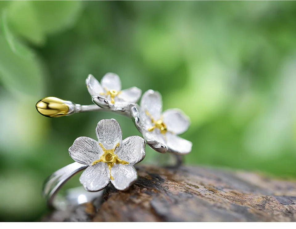 925 Sterling Silver Triple Flower Adjustable Ring – Elegant Fine Jewelry for Women
